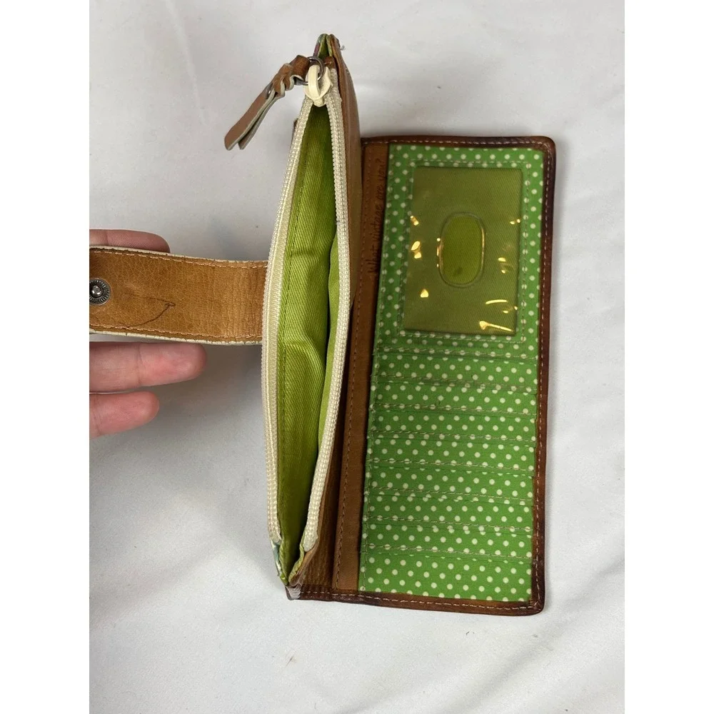 Fossil Patchwork Floral Bifold Wallet Leather Trim Green Polka Dot Organizer